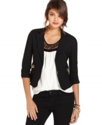 This blazer from BCX is off the chain! Chain accents at the pockets and soft ruched sleeves makes this look pop! This blazer from BCX is off the chain! Chain accents at the pockets and soft ruched sleeves makes this look pop!