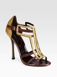 Snakeskin and leather straps form a geometric pattern, concluding with an adjustable ankle strap and metallic leather trim. Self-covered heel, 4½ (115mm)Leather, metallic leather and snakeskin upperLeather lining and solePadded insoleMade in ItalyOUR FIT MODEL RECOMMENDS ordering one size up as this style runs small. 