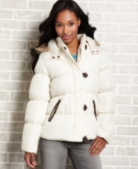 From the hooded design to the contrasting, faux-suede trims, cute details make Black Lipstick's quilted puffer coat the perfect, on-the-go layer! From the hooded design to the contrasting, faux-suede trims, cute details make Black Lipstick's quilted puffer coat the perfect, on-the-go layer!