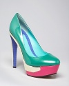 B Brian Atwood gives these standout platform pumps retro appeal with wood accents that lend a colorblocked effect.