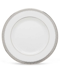 Inspired by the trim on an elegant couture gown, this graceful dinnerware and dishes collection from Lenox features an intricate platinum border that combines harmoniously with white bone china for unparalleled style. Inspired by the trim on an elegant couture gown, this graceful dinnerware and dishes collection from Lenox features an intricate platinum border that combines harmoniously with white bone china for unparalleled style.