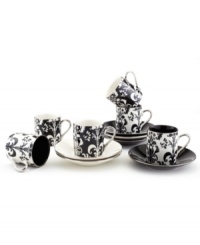 An old-world pattern blooms anew in Nouveau Chic espresso cups. Featuring a timeless black and white palette, polished platinum trim and brilliant sheen in elegant porcelain from Classic Coffee & Tea by Yedi. With simply glazed saucers. An old-world pattern blooms anew in Nouveau Chic espresso cups. Featuring a timeless black and white palette, polished platinum trim and brilliant sheen in elegant porcelain from Classic Coffee & Tea by Yedi. With simply glazed saucers.