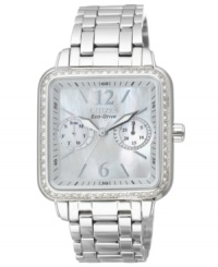 Sophisticated Swarovski elements lend elegant sparkle to this Silhouette collection watch from Citizen. With Eco-Drive technology, harnessing both natural and artificial light. Sophisticated Swarovski elements lend elegant sparkle to this Silhouette collection watch from Citizen. With Eco-Drive technology, harnessing both natural and artificial light.