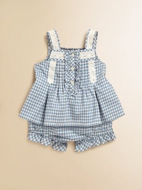 Delicate lace trim adorns the shoulder straps and neckline of this pretty top and bloomer set, rendered in a bright gingham check for preppy warm-weather style.Straight necklineWide strapsButton-frontRear smockingFlared hemElastic waistbandCottonMachine washImported Please note: Number of buttons may vary depending on size ordered. Delicate lace trim adorns the shoulder straps and neckline of this pretty top and bloomer set, rendered in a bright gingham check for preppy warm-weather style.Straight necklineWide strapsButton-frontRear smockingFlared hemElastic waistbandCottonMachine washImported Please note: Number of buttons may vary depending on size ordered.