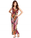 Elementz's petite B-Slim maxi dress features a pretty palm print and a built-in slimming lining for a smooth silhouette, just in time for summer!