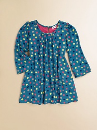 Mod-inspired polka dot frock with back zipper for easy on and off.Gathered scoopneckLong sleevesBack zipperFlared hemRayonMachine washImported Mod-inspired polka dot frock with back zipper for easy on and off.Gathered scoopneckLong sleevesBack zipperFlared hemRayonMachine washImported