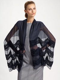 An elegant sheer style with a beautiful, ruched, wavy striped design. SilkAbout 19½ X 70¾Dry cleanImported An elegant sheer style with a beautiful, ruched, wavy striped design. SilkAbout 19½ X 70¾Dry cleanImported