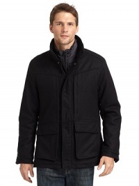 THE LOOKStand collarZip front with snap storm flapDrawcord waistSnap flap pocketsSnap cuffsRemovable down vestTHE FITAbout 27 from shoulder to hemTHE MATERIALOuter shell: 80% wool/20% cashmereOuter fill: polyesterInner shell: polyesterInner fill: 80/20 duck downFully linedCARE & ORIGINDry clean Imported THE LOOKStand collarZip front with snap storm flapDrawcord waistSnap flap pocketsSnap cuffsRemovable down vestTHE FITAbout 27 from shoulder to hemTHE MATERIALOuter shell: 80% wool/20% cashmereOuter fill: polyesterInner shell: polyesterInner fill: 80/20 duck downFully linedCARE & ORIGINDry clean Imported
