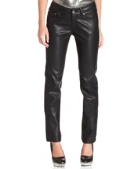 Toughen-up your ensemble with these five-pocket, faux-leather skinny pants from Jou Jou! Toughen-up your ensemble with these five-pocket, faux-leather skinny pants from Jou Jou!