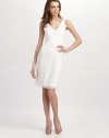 Timelessly elegant and romantic, this crisp, allover lace sheath features flirty scalloped trim. V-neck Sleeveless Scalloped trim on neckline, armholes and hem Princess seams Side zipper About 37 from shoulder to hem 91% nylon/9% spandex Hand wash Imported 