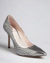 A shining metallic finish enlivens these embossed leather, pointed toe pumps by VINCE CAMUTO.
