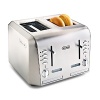 Four extra wide extra long toast loading slots, Cancel, defrost, bagel functions, electronic temperature sensor and easy to read thermostat control with six settings.