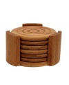Stacking six high, these grooved bamboo drink coasters separate hot mugs and wet glasses from sensitive surfaces. With coordinating storage rack. From Lipper International.