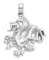 Symbolic for the universe, life, existence, and growth, this polished dragon charm makes a unique and special gift. Crafted in polished 14k white gold. Chain not included. Approximate length: 9/10 inch. Approximate width: 7/10 inch.