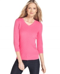 Mini cable-knit and a bright color lends classic appeal to Karen Scott's V-neck sweater. Mini cable-knit and a bright color lends classic appeal to Karen Scott's V-neck sweater.