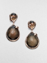 From the Sugar Kissed Collection. Faceted smokey quartz stones in a snowman drop design set in 18k gold and sterling silver with a glowing finish of 18k rose goldplating.Smokey quartz18k gold and sterling silver with 18k rose goldplatingDrop, about 1.1Post backImported