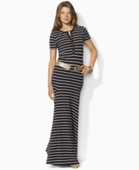 A warm-weather essential, Lauren by Ralph Lauren's petite chic striped maxi dress is crafted with short sleeves and a buttoned placket. A warm-weather essential, Lauren by Ralph Lauren's petite chic striped maxi dress is crafted with short sleeves and a buttoned placket.