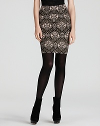 Evoke the gorgeous grandeur of an era gone by in a sleek Juicy Couture mini skirt shimmering with statement jacquard print. Evoke the gorgeous grandeur of an era gone by in a sleek Juicy Couture mini skirt shimmering with statement jacquard print.
