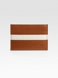 Italian calfskin leather case, detailed with an embossed band of the distinctive gamma and loop pattern.Three card slots4½W X 3HMade in Italy Italian calfskin leather case, detailed with an embossed band of the distinctive gamma and loop pattern.Three card slots4½W X 3HMade in Italy