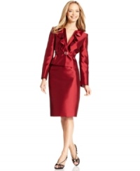Make it an occasion to remember with Kasper's petite satin skirt suit. Feminine ruffles and a diamante-buckled skinny belt create a luxe look. Make it an occasion to remember with Kasper's petite satin skirt suit. Feminine ruffles and a diamante-buckled skinny belt create a luxe look.