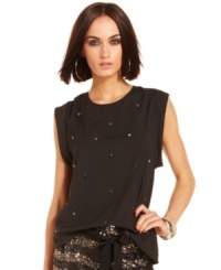 A sprinkle of rhinestones adds a hint of shine to this MM Couture top -- perfect for infusing unexpected sparkle into your look! A sprinkle of rhinestones adds a hint of shine to this MM Couture top -- perfect for infusing unexpected sparkle into your look!