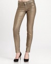 Goldtone metallic finish adds a stunning, leather-like look to these stretchy, mid-rise skinnies. THE FITMedium rise, about 8Inseam, about 30THE DETAILSZip flyFive-pocket style98% cotton/2% spandexMachine washMade in USA of imported fabricModel shown is 5'9 (175cm) wearing US size 0.