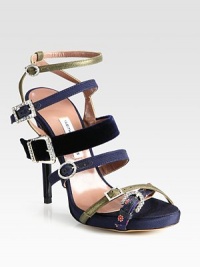 Forget-me-not Swarovski crystal-coated buckles top this grosgrain ribbon design, mixed with metallic leather and lush velvet. Grosgrain ribbon-covered heel, 4¾ (120mm)Grosgrain ribbon covered platform, ½ (15mm)Compares to a 4¼ heel (110mm)Metallic leather, velvet and grosgrain ribbon upper with crystal-coated bucklesAdjustable crystal-coated buckle strapsLeather lining and solePadded insoleMade in Italy Forget-me-not Swarovski crystal-coated buckles top this grosgrain ribbon design, mixed with metallic leather and lush velvet. Grosgrain ribbon-covered heel, 4¾ (120mm)Grosgrain ribbon covered platform, ½ (15mm)Compares to a 4¼ heel (110mm)Metallic leather, velvet and grosgrain ribbon upper with crystal-coated bucklesAdjustable crystal-coated buckle strapsLeather lining and solePadded insoleMade in Italy