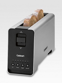 One long toasting slot, so many options! This new toaster toasts faster for perfect results without the wait with long, wide slots ideal for everything from thin-sliced breads to thick bagel halves. A motorized lift and LED countdown feature adds modern amenities to a timeless kitchen favorite. One long toasting slot, so many options! This new toaster toasts faster for perfect results without the wait with long, wide slots ideal for everything from thin-sliced breads to thick bagel halves. A motorized lift and LED countdown feature adds modern amenities to a timeless kitchen favorite.