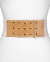 Structure sleek body-con silhouettes with this MICHAEL Michael Kors belt, combining edgy elastic and leather for serious waist-cinching that lets you breathe.