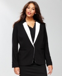 Infuse your outfit with a bit of menswear-inspired style with this tailored plus size blazer from INC, featuring a striking contrasting lapel. Infuse your outfit with a bit of menswear-inspired style with this tailored plus size blazer from INC, featuring a striking contrasting lapel.