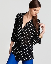 Enlivened by a retro polka-dot print, this Karen Kane shirt infuses your workweek repertoire with vintage appeal. Team with colored trousers for vibrant polish. Enlivened by a retro polka-dot print, this Karen Kane shirt infuses your workweek repertoire with vintage appeal. Team with colored trousers for vibrant polish.