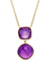 Adorn yourself with the season's hottest hues: jewel tones! This eye-catching pendant features two faceted, square-cut amethyst drops (24-1/4 ct. t.w.) strung from a delicate 18k gold over sterling silver chain. Approximate length: 18 inches. Approximate drop: 1-1/2 inches.