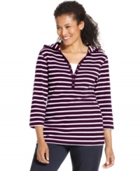 Set your sights on Karen Scott's layered-look petite top. It features seaside stripes and a hood for nautical-inspired style! Set your sights on Karen Scott's layered-look petite top. It features seaside stripes and a hood for nautical-inspired style!