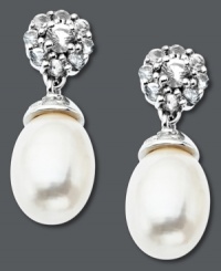 Sweet sophistication. Round-cut white topaz (7-3/4 ct. t.w.) and a cultured freshwater pearl (7 mm x 10 mm) form an elegant shape on these sterling silver drop earrings. Approximate drop: 3/4 inch. Sweet sophistication. Round-cut white topaz (7-3/4 ct. t.w.) and a cultured freshwater pearl (7 mm x 10 mm) form an elegant shape on these sterling silver drop earrings. Approximate drop: 3/4 inch.