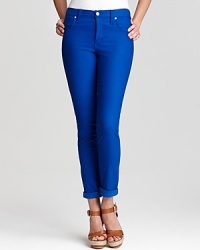 A modern approach to classic blue jeans, these Karen Kane leggings boast a brazen hue and skinny silhouette for contemporary edge. A modern approach to classic blue jeans, these Karen Kane leggings boast a brazen hue and skinny silhouette for contemporary edge.