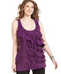 Frill up your look with Eyeshadow's sleeveless plus size top, accented by a ruffled lace front. Frill up your look with Eyeshadow's sleeveless plus size top, accented by a ruffled lace front.