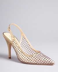 These scintillating slingback evening pumps by kate spade new york feature sheerly sensational uppers with gold glitter dots, in a design that's vintage, modern and timeless. These scintillating slingback evening pumps by kate spade new york feature sheerly sensational uppers with gold glitter dots, in a design that's vintage, modern and timeless.