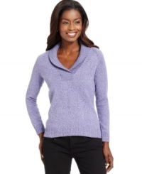 Karen Scott's soft petite sweater features chic marled knit and a cozy shawl collar. Pair it with jeans for essential weekend style! Karen Scott's soft petite sweater features chic marled knit and a cozy shawl collar. Pair it with jeans for essential weekend style!