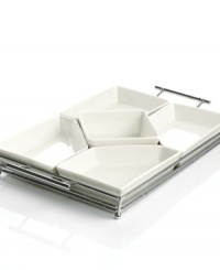 Set a smarter table with this Piazza sectional server from Godinger. Sleek porcelain dishes in a handled rack offers a look that's truly timeless and designed with the host in mind. Fill with assorted dips, olives, pretzels or toppings. Set a smarter table with this Piazza sectional server from Godinger. Sleek porcelain dishes in a handled rack offers a look that's truly timeless and designed with the host in mind. Fill with assorted dips, olives, pretzels or toppings.