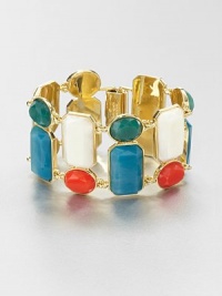 A colorful style featuring faceted stones in various shapes and sizes in a linked design. Resin stones12k goldplated brassLength, about 7.75Hinged snap closureImported A colorful style featuring faceted stones in various shapes and sizes in a linked design. Resin stones12k goldplated brassLength, about 7.75Hinged snap closureImported