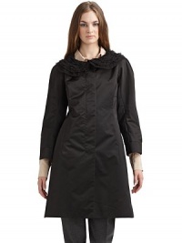 THE LOOKCrinkled chiffon ruffles adorn the scoop neckline¾ sleeves with banded cuffsConcealed button frontPrincess seamsSide slash pocketsSeamed back waistTHE FITAbout 35 from shoulder to hemTHE MATERIAL55% polyester/45% silkFully linedCARE & ORIGINDry cleanMade in Italy THE LOOKCrinkled chiffon ruffles adorn the scoop neckline¾ sleeves with banded cuffsConcealed button frontPrincess seamsSide slash pocketsSeamed back waistTHE FITAbout 35 from shoulder to hemTHE MATERIAL55% polyester/45% silkFully linedCARE & ORIGINDry cleanMade in Italy