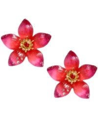 April showers bring May earrings. Betsey Johnson's flower stud earrings are made of gold tone mixed metal and adorned with crystal accents on top of vivid hot pink and red resin. Approximate diameter: 1-1/3 inches. April showers bring May earrings. Betsey Johnson's flower stud earrings are made of gold tone mixed metal and adorned with crystal accents on top of vivid hot pink and red resin. Approximate diameter: 1-1/3 inches.