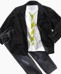 From Kenneth Cole, three pieces that play well together-and also look great on their own: A long-sleeved tee screen-printed with a vest and striped-tie graphic; two-button corduroy jacket; and zip-fly denim pants with inner adjustable elastic waistband. From Kenneth Cole, three pieces that play well together-and also look great on their own: A long-sleeved tee screen-printed with a vest and striped-tie graphic; two-button corduroy jacket; and zip-fly denim pants with inner adjustable elastic waistband.