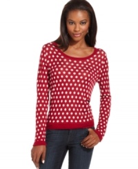 Pop your fall look with an irreverent print! This reversible Kensie polka-dot sweater is both bright and graphic for a cheerful layered look! Pop your fall look with an irreverent print! This reversible Kensie polka-dot sweater is both bright and graphic for a cheerful layered look!
