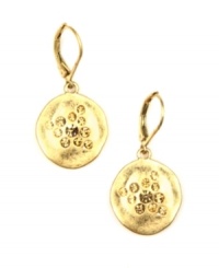 Golden rule: Crafted in gold tone mixed metal, Jones New York's circular leverback drop earrings are embellished with sparkling smoky topaz-colored plastic stones. Approximate drop: 3/4 inch. Golden rule: Crafted in gold tone mixed metal, Jones New York's circular leverback drop earrings are embellished with sparkling smoky topaz-colored plastic stones. Approximate drop: 3/4 inch.
