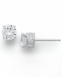 Diamond stud earrings have never sparkled so bright. This unique style features a round-cut diamond at center with a row of round-cut diamonds in the post (1 ct. t.w.). Four-prong setting crafted in 14k white gold. Approximate diameter: 4-1/10 mm. Diamond stud earrings have never sparkled so bright. This unique style features a round-cut diamond at center with a row of round-cut diamonds in the post (1 ct. t.w.). Four-prong setting crafted in 14k white gold. Approximate diameter: 4-1/10 mm.