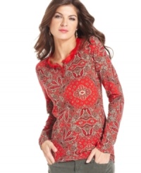 Jones New York Signature's henley top is a feminine take on a casual staple, thanks to pretty lace at the neckline and a scrolling paisley print. Jones New York Signature's henley top is a feminine take on a casual staple, thanks to pretty lace at the neckline and a scrolling paisley print.