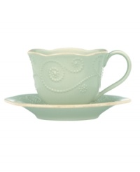 With fanciful beading and a feminine edge, this Lenox French Perle cup and saucer set has an irresistibly old-fashioned sensibility. Hardwearing stoneware is dishwasher safe and, in an ethereal ice-blue hue with antiqued trim, a graceful addition to any meal. With fanciful beading and a feminine edge, this Lenox French Perle cup and saucer set has an irresistibly old-fashioned sensibility. Hardwearing stoneware is dishwasher safe and, in an ethereal ice-blue hue with antiqued trim, a graceful addition to any meal.