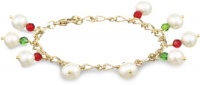 White Freshwater Pearl Drops with Red and Green Swarovski Elements on Gold Tone Chain Bracelet, 7.5 White Freshwater Pearl Drops with Red and Green Swarovski Elements on Gold Tone Chain Bracelet, 7.5