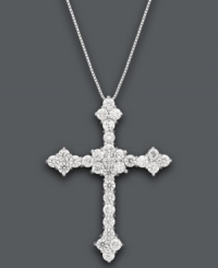 Spiritual by design. This dazzling diamond (1-1/2 ct. t.w.) cross pendant features intricate floral-shaped edges set in 14k white gold. Approximate length: 18 inches. Approximate drop: 1-1/4 inches. Spiritual by design. This dazzling diamond (1-1/2 ct. t.w.) cross pendant features intricate floral-shaped edges set in 14k white gold. Approximate length: 18 inches. Approximate drop: 1-1/4 inches.